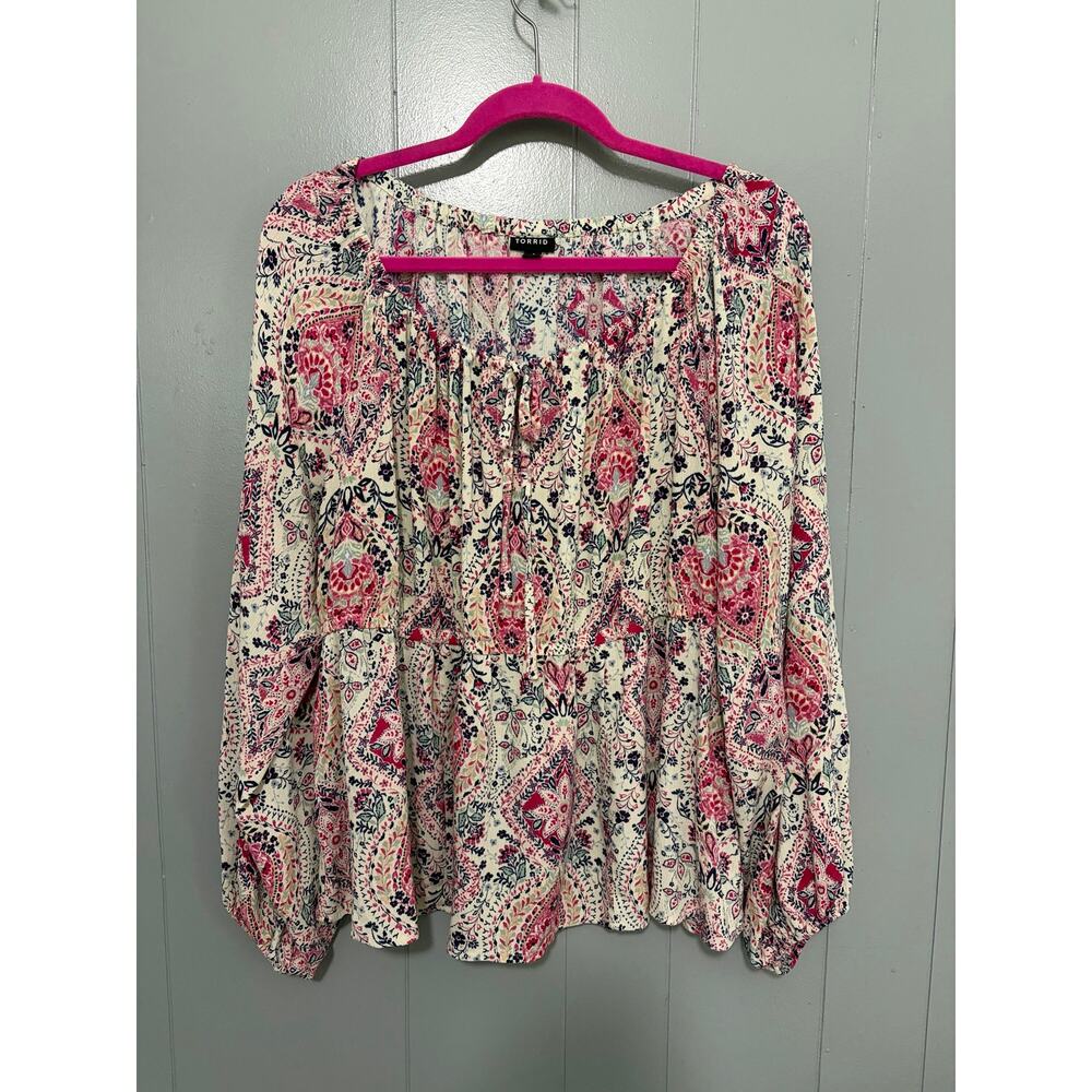 Torrid Pink Paisley Babydoll Tie Front Long Sleeve Peplum Boho Country Top 1X